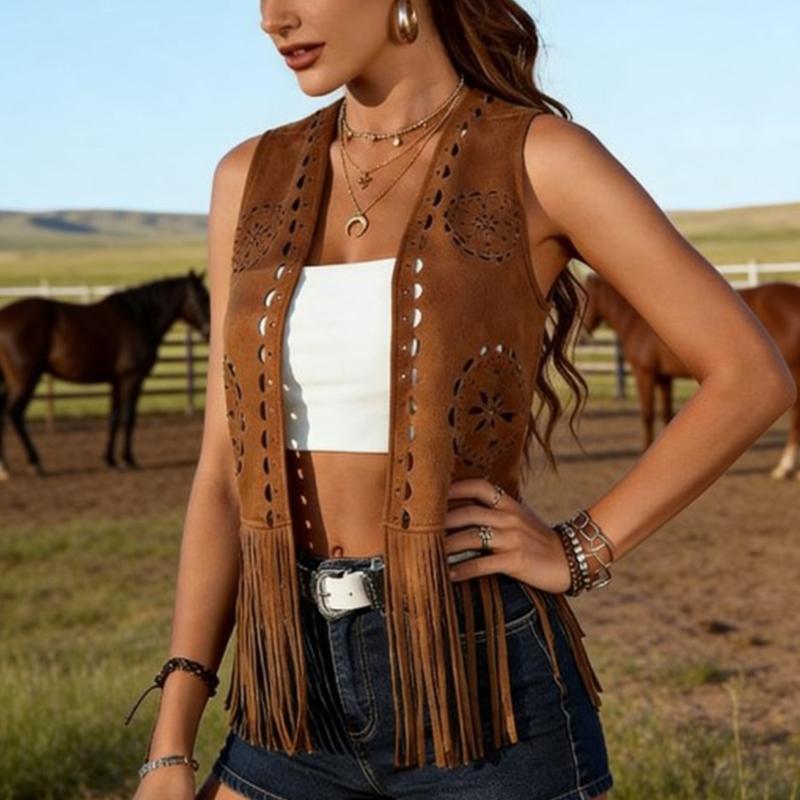 Bohemian Fringe Vest Women's Stylish Outerwear Soft Polyester Cowgirl Western Costume For Everyday Wear