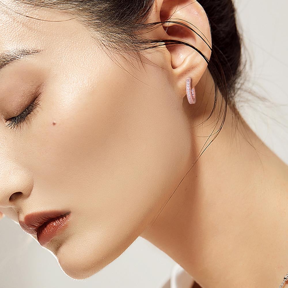 100% Real 925 Sterling Silver Earring Pavé Heart Hoop Ear Clear CZ Rose Gold Earrings for Women Fine Jewelry