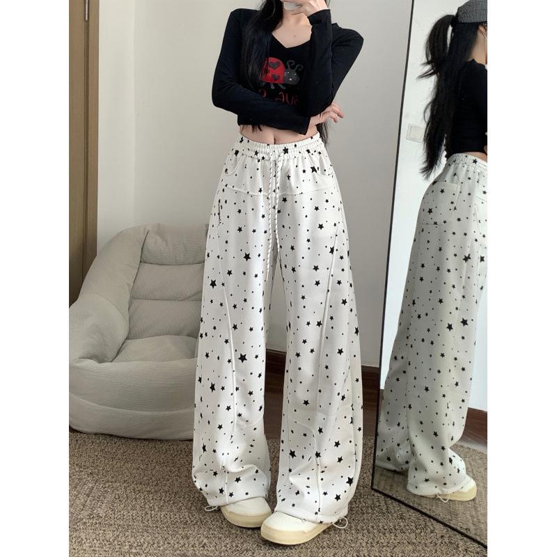 Women s Star Print High Waist Curved Leg Sweatpants – Spring Casual, Slimming, Versatile, Drawstring, Loose Fit Small белый