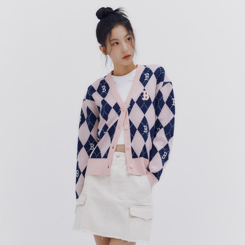 MLB Boston Red Sox Letter Print Single-Breasted Knit Sweater Women sweater Light-Pink 3FKCM0134-43PKL