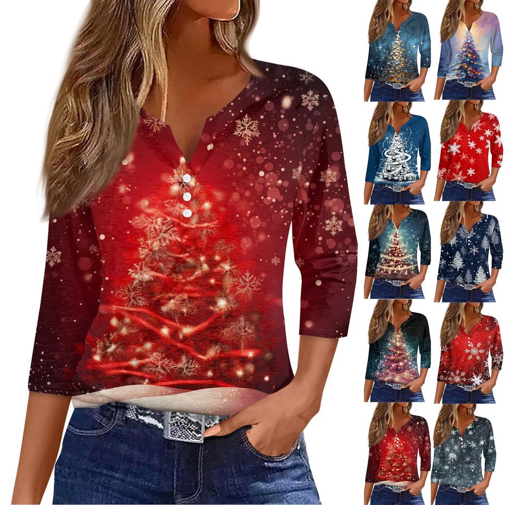 Women's T Shirt Tee Print Button 3/4 Sleeve Daily Weekend Fashion Basic V- Neck Regular Top