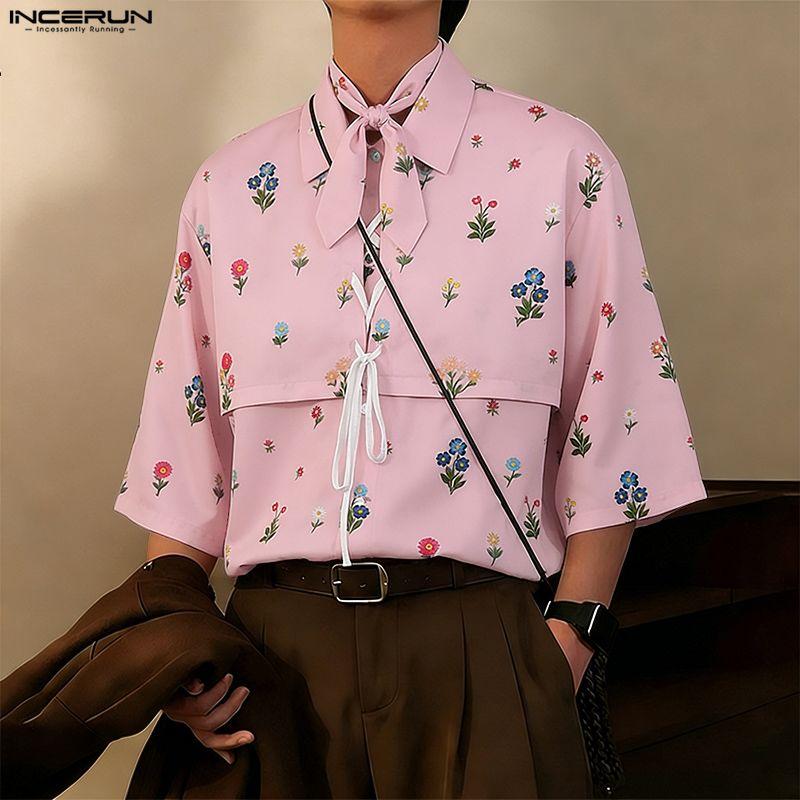 INCERUN Men Lapel Neck Short Sleeve Floral Print Lace-up Casual Hawaiian Summer Shirts