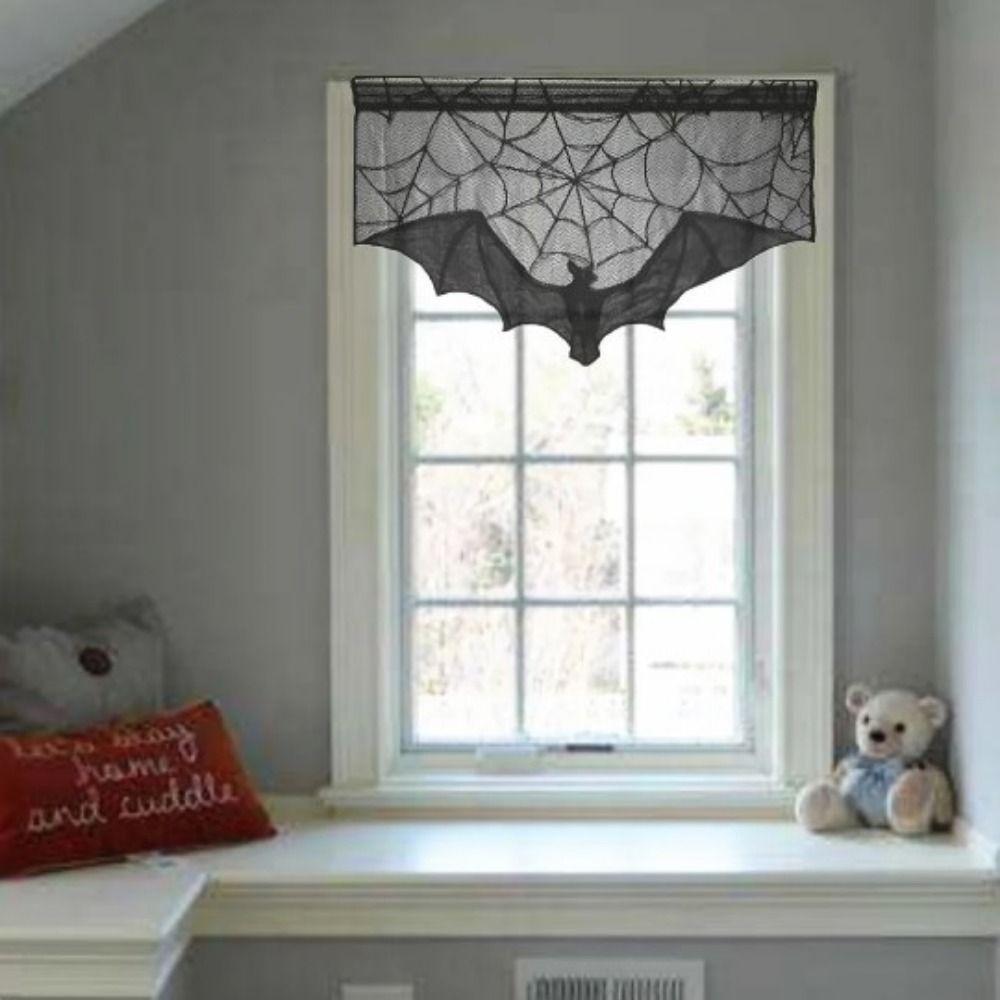 Black Halloween Bat Door Curtain Lightweight Spider Web Pattern Halloween Lace Curtain Reusable Gothic Bat Tablecloth Home Decor