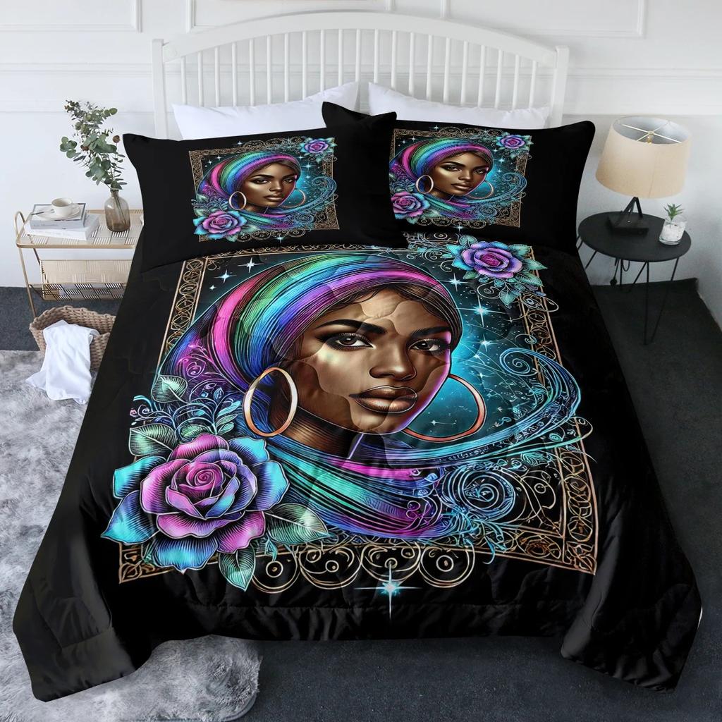 3 Pcs Blue Rose Snow Leopard Beding Sets Black Woman featuring Big Earings Bed Linen Set Warm Comforter featuring Warm Comforter & 2 Pilowcases