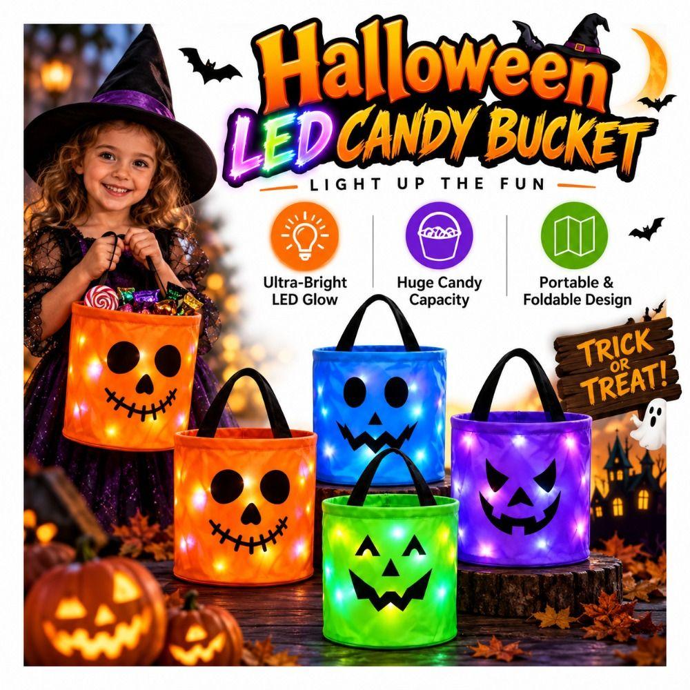 LED Halloween Wiaderko na Cukierki Duch Nadruk Halloweenowa Torba Tote Nowe Wiaderko Dynia Dzieci