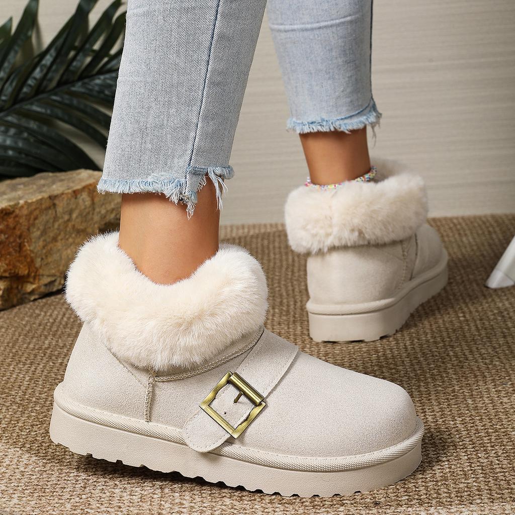 Fashion Casual Metal Buckle Decoration Thick Bottom Snow Boots Fashion Low Heel Boots Women Winter Warm Short Plush Shoes