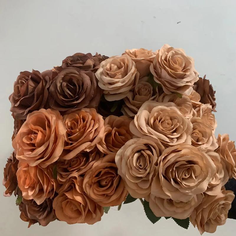 9Heads Roses Bouquet Artificial Flower Brown Coffee Rose Fake Rose Home Decoration Wedding