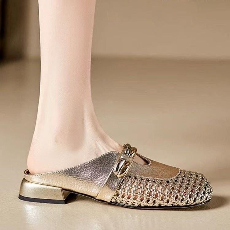 2025 new French retro square head hollow woven thick heel single shoes women's one-pedal bag head casual half slippers women