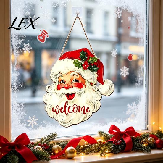 Santa Claus Decor Christmas Wooden Hanging Sign, 2D Snowman Welcome Door Plaque, Xmas Wall Farmhouse Art Ornament, Holiday for Front Porch, Entryway,