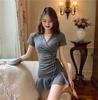 2022 Summer V-Neck Short Sleeve Drawstring Pleated A-Line Fishtail Dress for Women