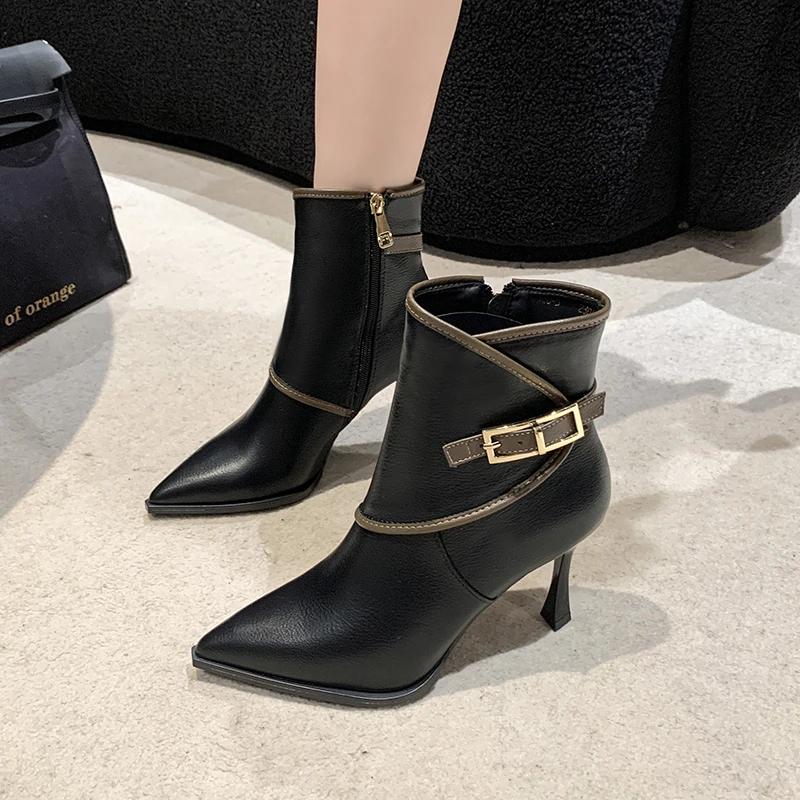 Fashion Women's Shoes 2024 High Quality Side Zipper Women's Boots Fashion Belt Buckle Office and Career Sexy Pointed Toe Ankle Boots