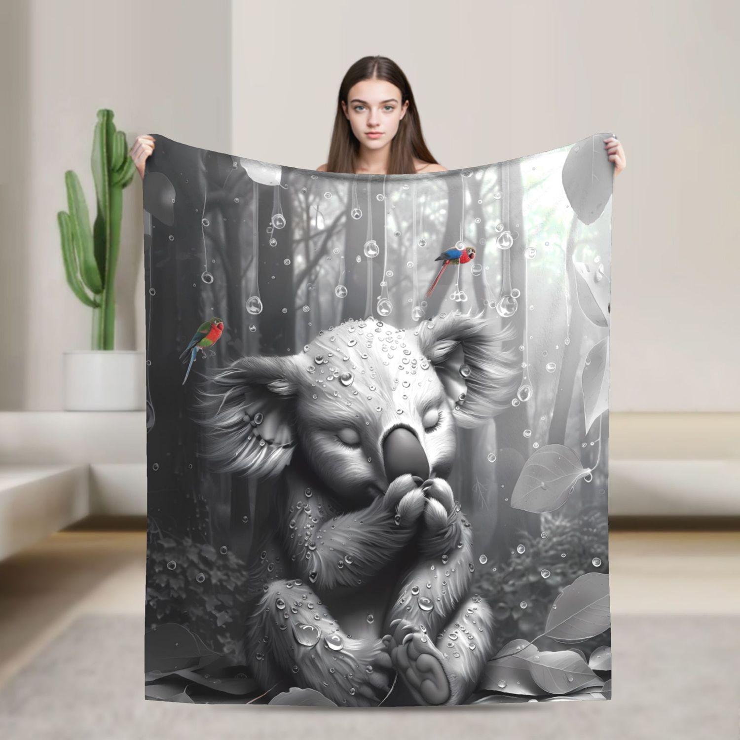 

280gsm Koala Fleece Blanket - Black Retro Print Animal Lover Throw 70x100cm