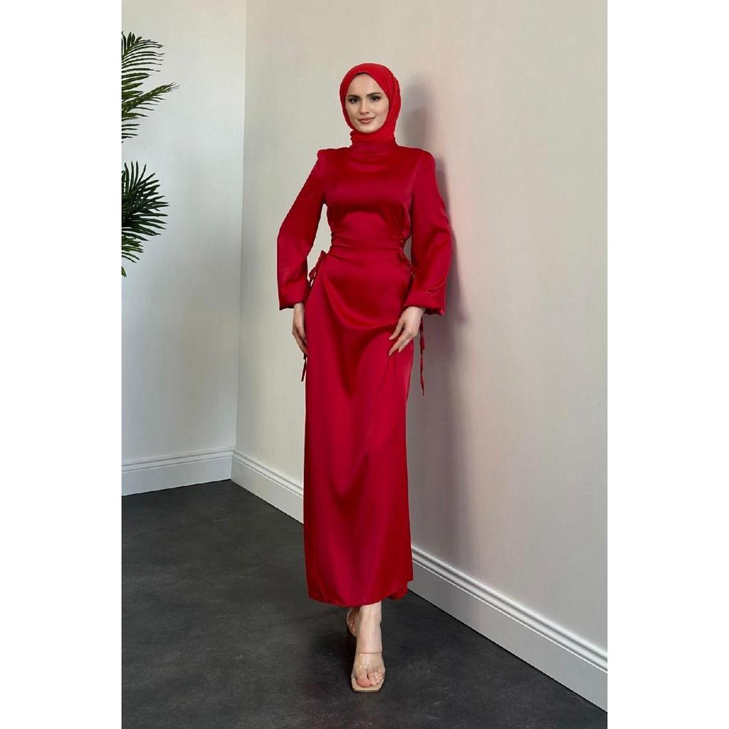 Elenor Waist Tied Satin Hijab Dress Red