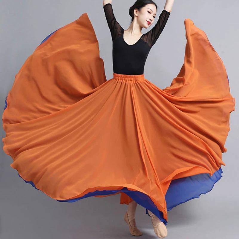 630 Degree Classical Dance Skirt Women Double-Side Chiffon Big Swing Skirt Belly Dance Costume Stage Performance Maxi Skirts