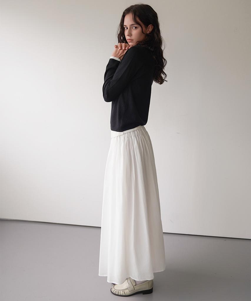 Cool Kitten Flare Long Skirt With Shirred Waist Detail (White)