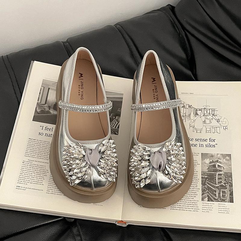 Bow rhinestone one-word buckle Mary Jane shoes women's fashion platform casual height increase single shoes women's shoes
