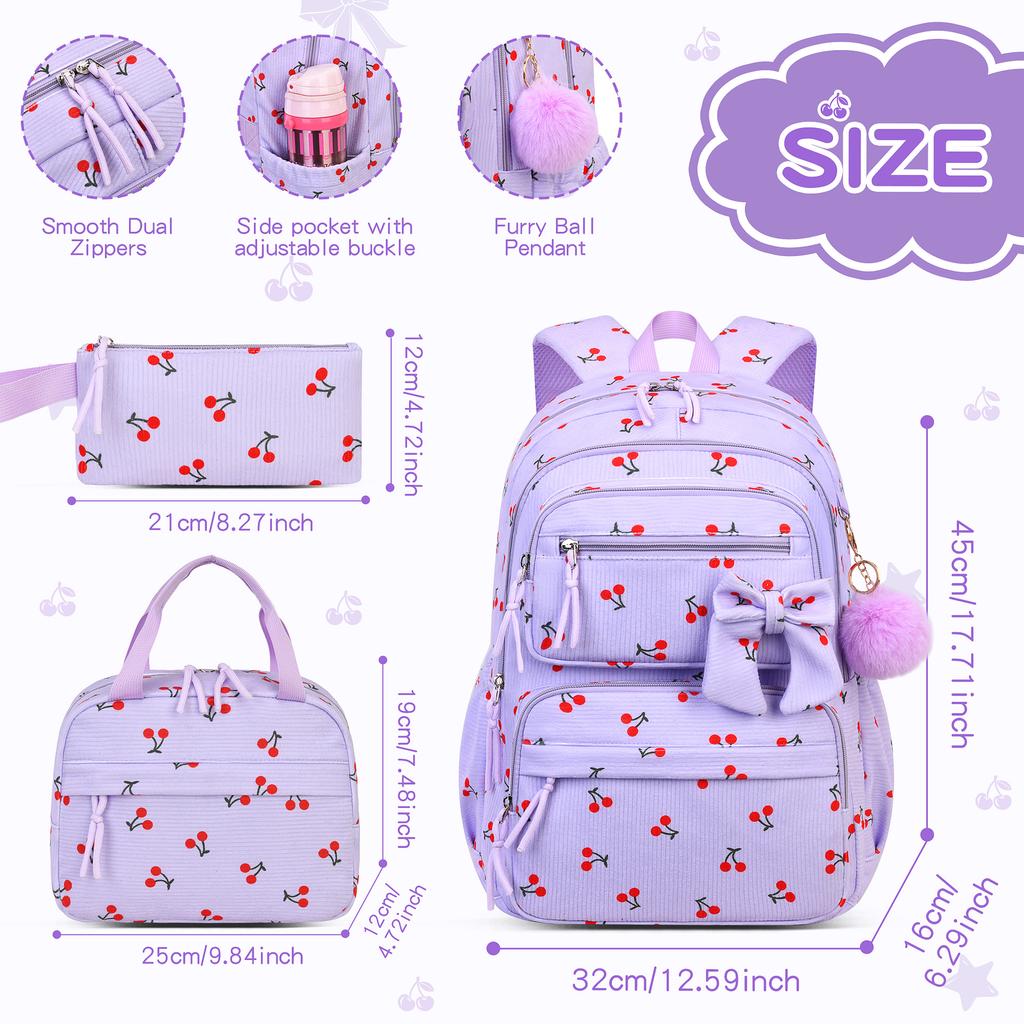 Corduroy Three-Piece Backpack Cherry Pattern Girl Heart Large Capacity Lightweight Backpack