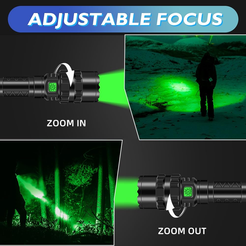 WINDFIRE Green LED USB Tactical Green High Brightness 2200 Handheld Flashlight with Zoom 5 Lighting IPX4 Mint Predator Lamp for and Animal Observation