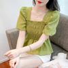 Chiffon Shirt for Women Short-sleeved Waist-hugging Shirt Fashionable High-end and Chic Puff Sleeve Square Collar