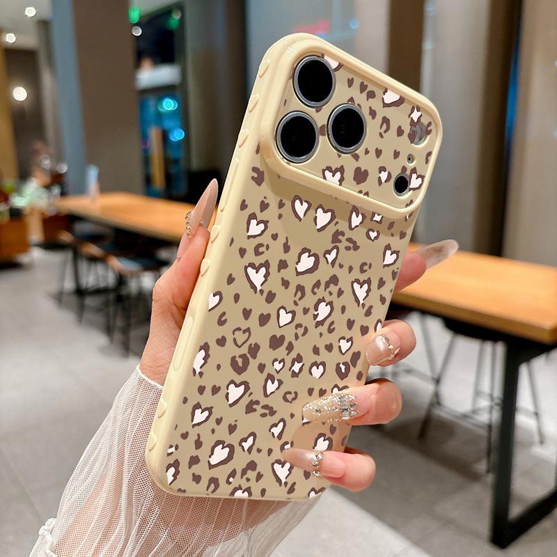 Leopard Print With Hearts Soft Heart Relief Side Phone Case For iPhone 17 16 15 14 13 12 11 Pro Max 14 Plus Shockproof Cover
