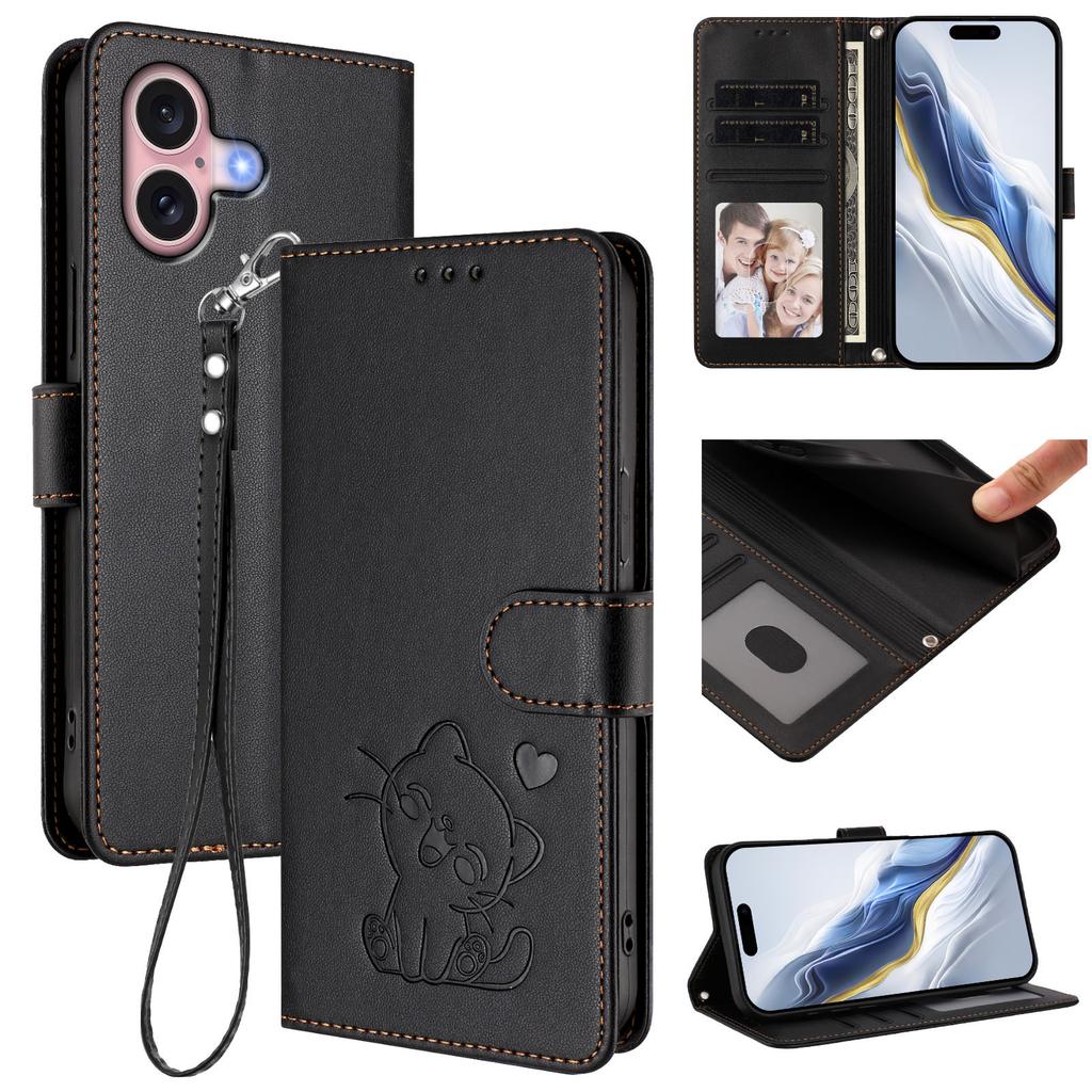 For iPhone 16 Wallet Case with Wrist Strap Love Cat Pattern Imprint Leather Phone Cover
