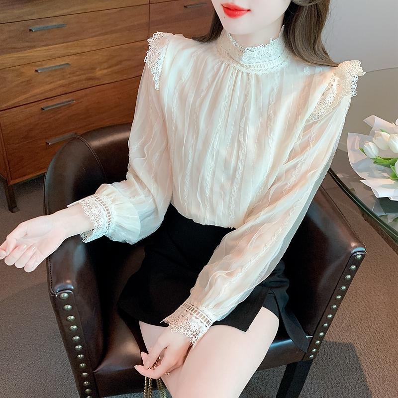 Autumn Fashion New 2024 Long Sleeve Stand Collar Casual Mesh Lace Blouse Shirt Women Tops Blouses Shirts J495