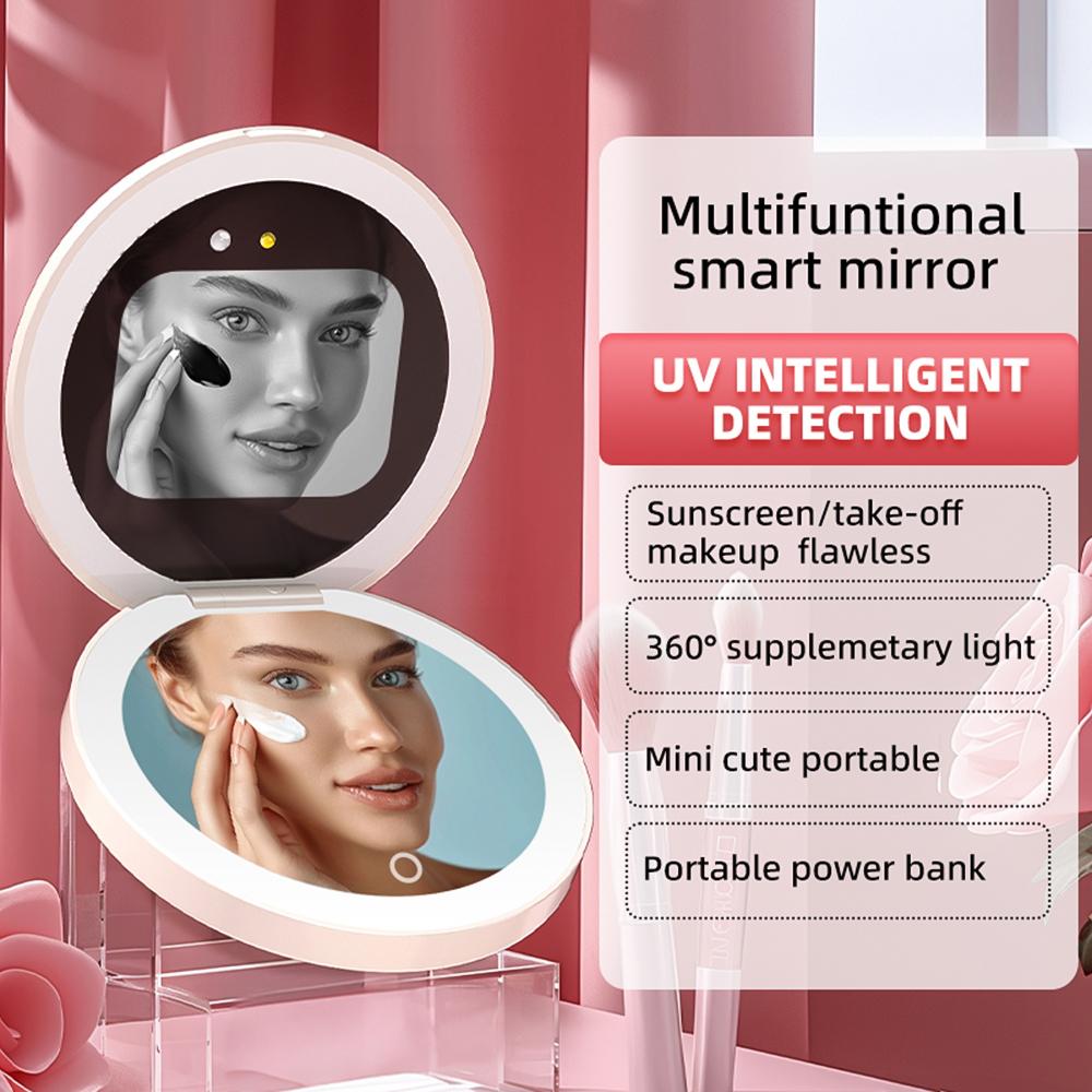 Smart Sunscreen UV Mirror with UV Camera for Sunscreen Test LED Fill Light 3 Light Mode Travel Makeup Mirror Handheld Make Up Mi