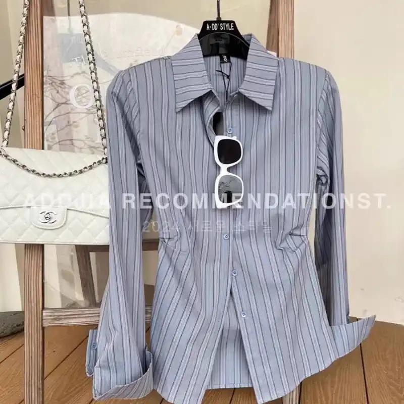 

New Autumn Slim Waist Shirt Women s Striped Niche Long Sleeve Top S синій