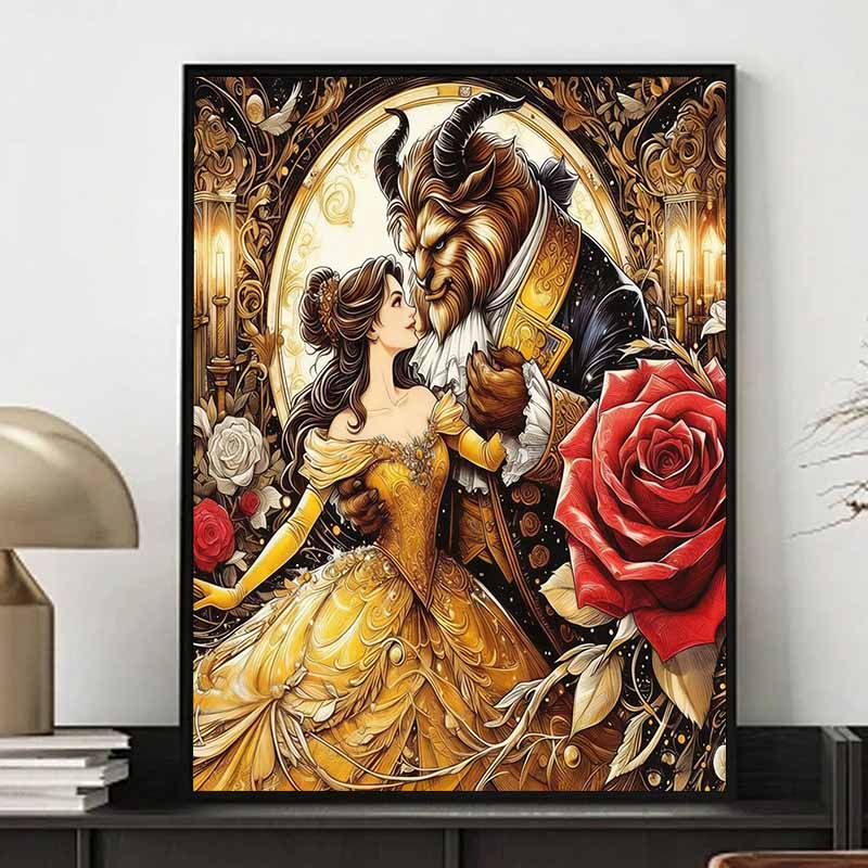 Disney 5D DIY Diamond Painting, Beauty and The Beast Art Illustration Full Round Diamond Mosaic Cartoon Cross Stitch Art Painting Home Decoration