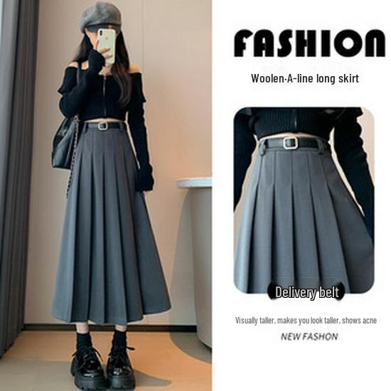 Women's Autumn/Winter High Waist Slimming Pleated Skirt with Belt - Elegant Mid-Length Swing Skirt