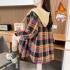 Autumn Winter Vintage Plaid Printing Patchwork Hooded Shirt Women Long Sleeve Loose Casual Cardigan Blouse Top