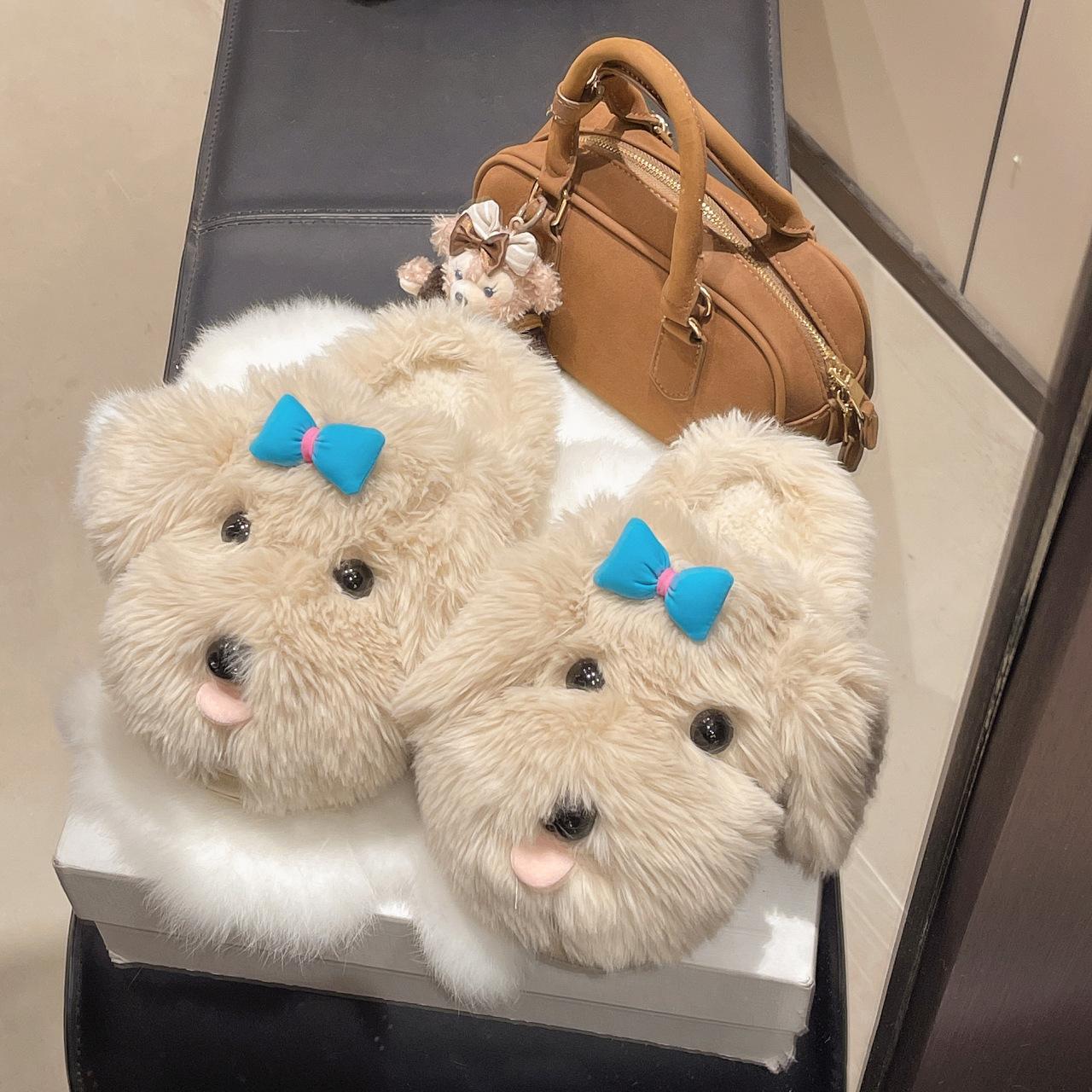

Soft cute bow cute plush puppy cotton slippers women s autumn and winter new outer wear warm and non-slip bag head mop 40-41 хаки