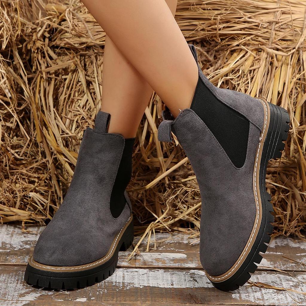 Women Pure Black Mocasin Style Short Boots Thick Low Heel Anti-slip Thick Sole Round Toe Solid Color Cold Weather