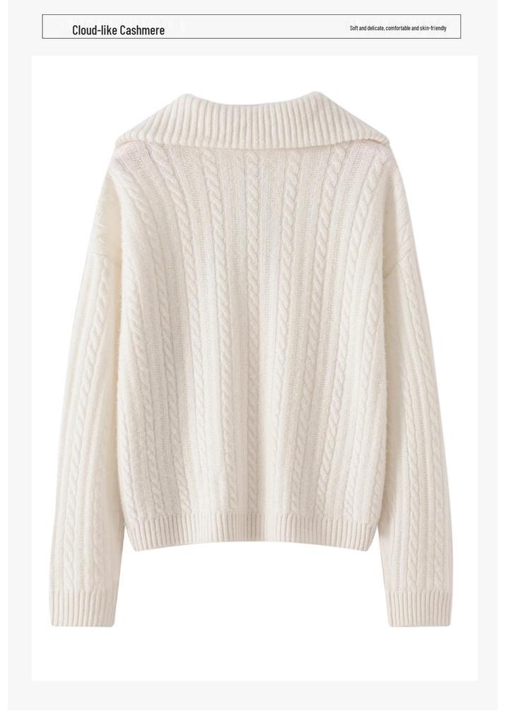 Women's Half-Zip Lapel Cable Knit Cashmere Sweater - Autumn/Winter 2026, Thick & Loose Fit.