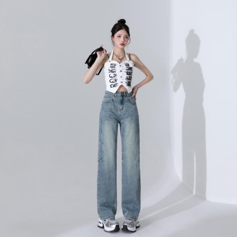 

Новые весенне-летние джинсы с широкими штанинами и молнией голубого цвета из многослойного материала для женщин 2XL