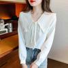New 2024 Fashion Autumn Long Sleeve Lace Up Doll Collar Casual White Blue Blouse Shirt Women Tops Blouses Shirts J550