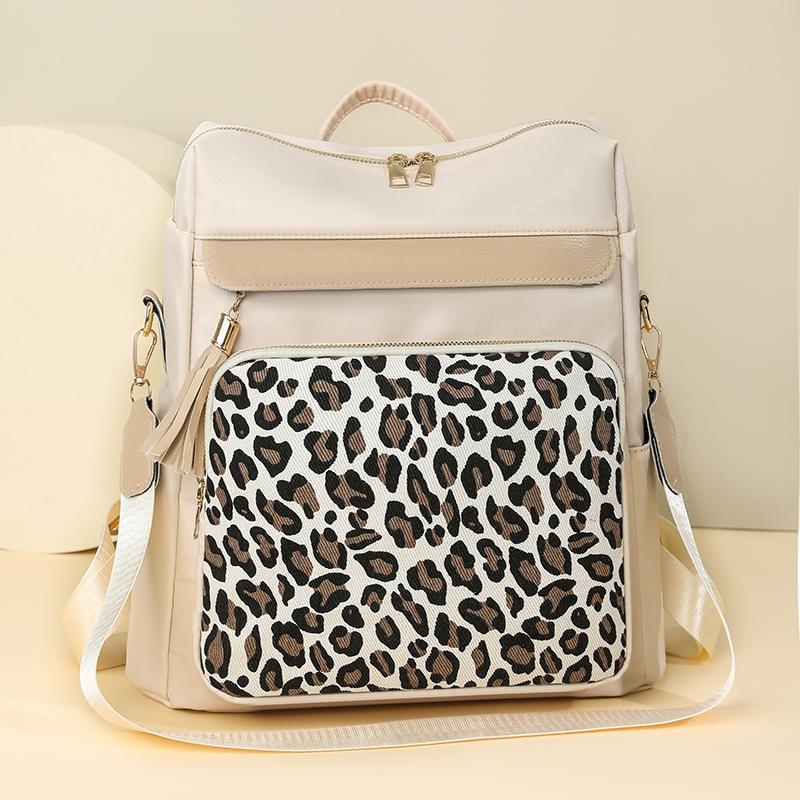 Vintage Leopard Print Stitching Backpack Multi-functional Shoulder Bag Large Capacity Student Backpack