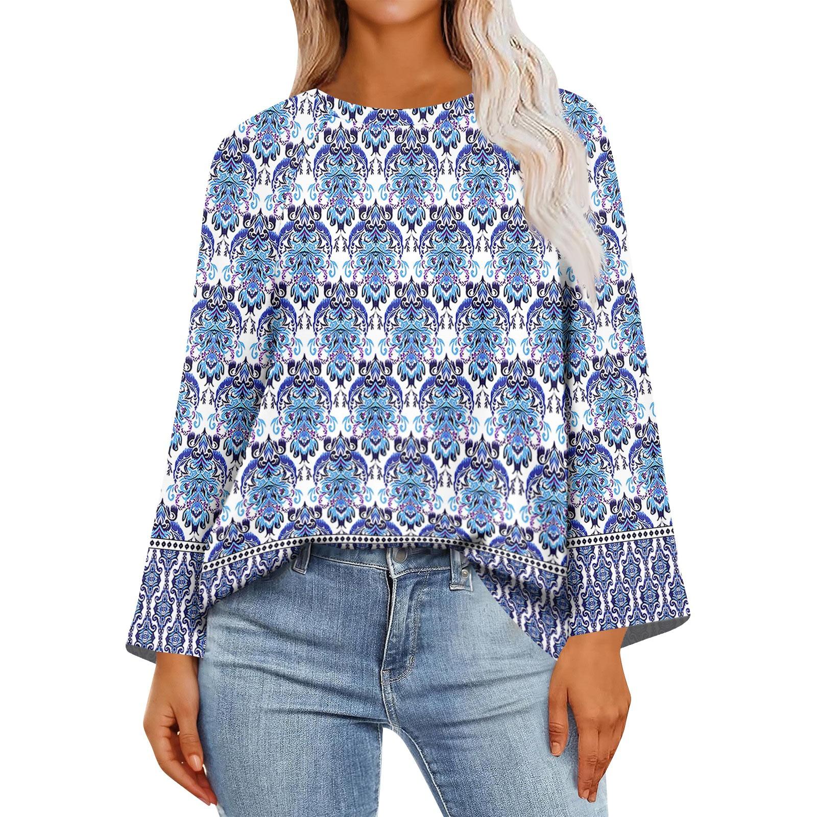 

Женские рубашки с длинным рукавом, графические футболки, повседневные базовые топы, пуловеры M синий