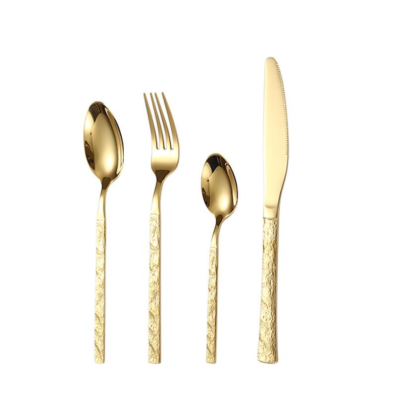 24pcs Gold Cutlery Set Stainless Steel Stone Grain Handle Knives Forks Tea Spoons Kitchen Tableware Dinnerware Dinner Silverware
