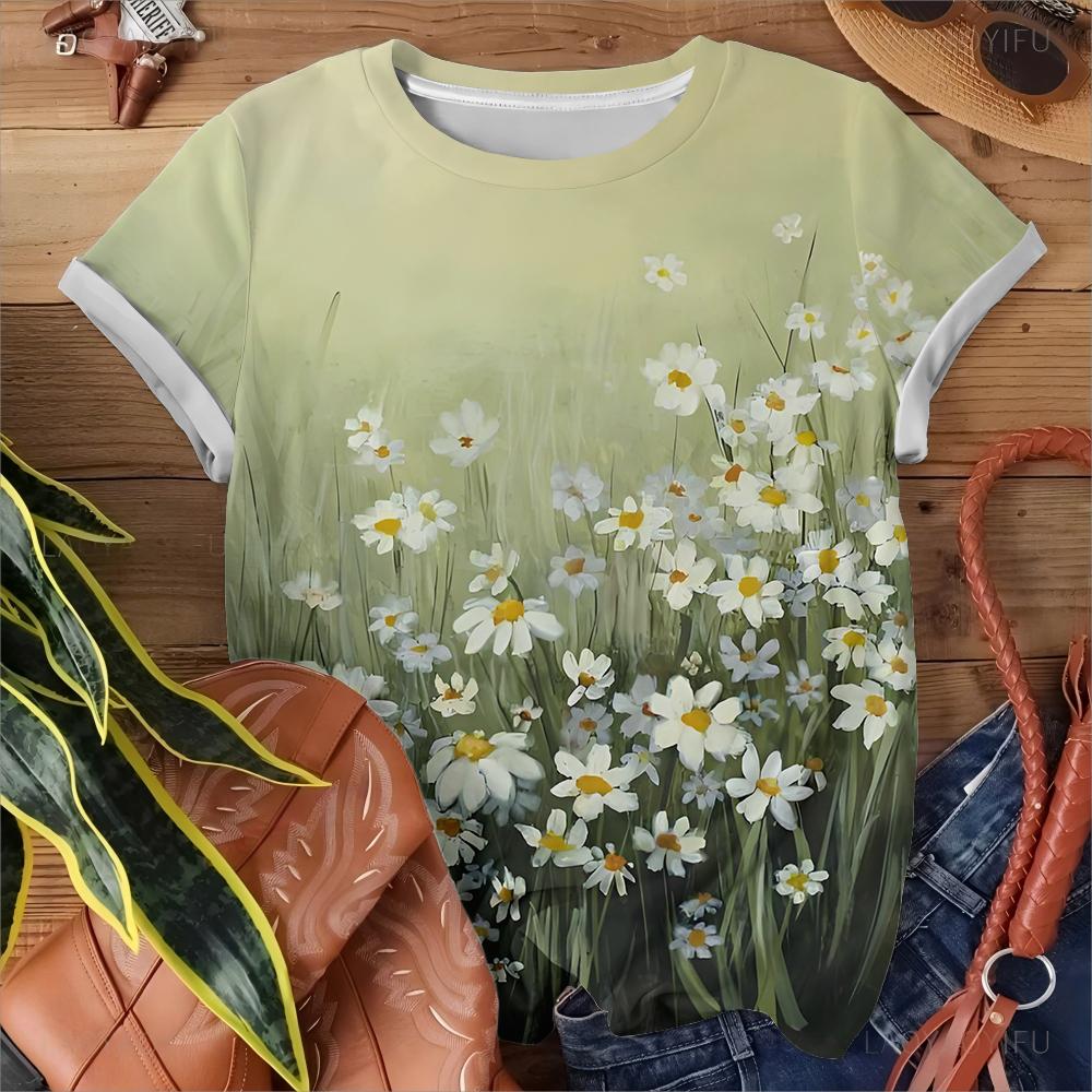 Frischer und Natürlicher Stil Damen T-Shirt Gänseblümchen Blume Meer Druck Täglich Vielseitiges Kurzarm Oberteil