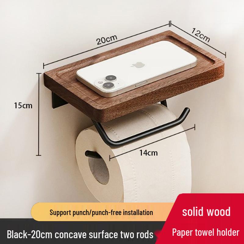Black Walnut Wood Toilet Paper Holder with Storage Rack - Wall-Mounted Tissue Dispenser for Bathroom and Hotel Use