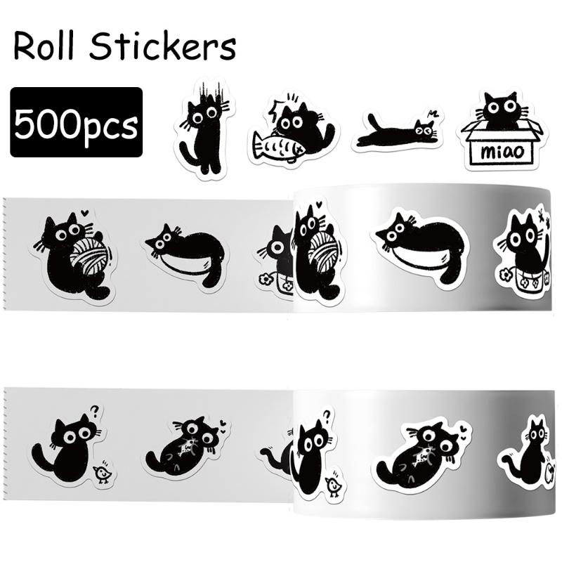 500 Pcs/Set Black Cat Roll Sticker Graffiti Stickers Diy Phone Case Laptop Water Bottle Waterproof Stickers