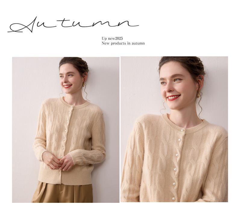 Soft Cashmere Knit Cardigan - Women's Autumn/Winter Solid Color Single-Breasted Cable Knit Round Neck Outerwear