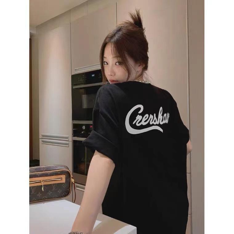 

Чистый хлопок корейская версия свободная женская одежда модная одежда футболка с коротким рукавом средней длины шикарный дизайн с буквенным принтом женский тренд S чёрный