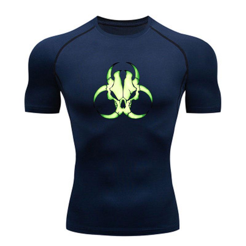 Men's Compression Workout T-Shirt, Green Glow Biohazard Skull Pattern Quick Dry Breathable Athletic Shirt for Gym Running Training Active Casual Wear