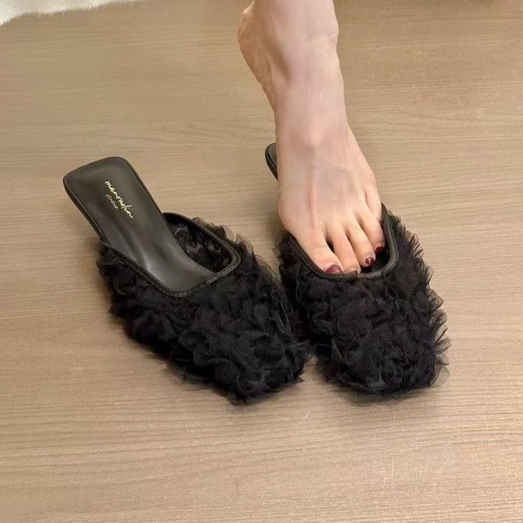 Lace slippers square head low heel half drag women's outer wear 2025 summer new thin heel bag head sandals