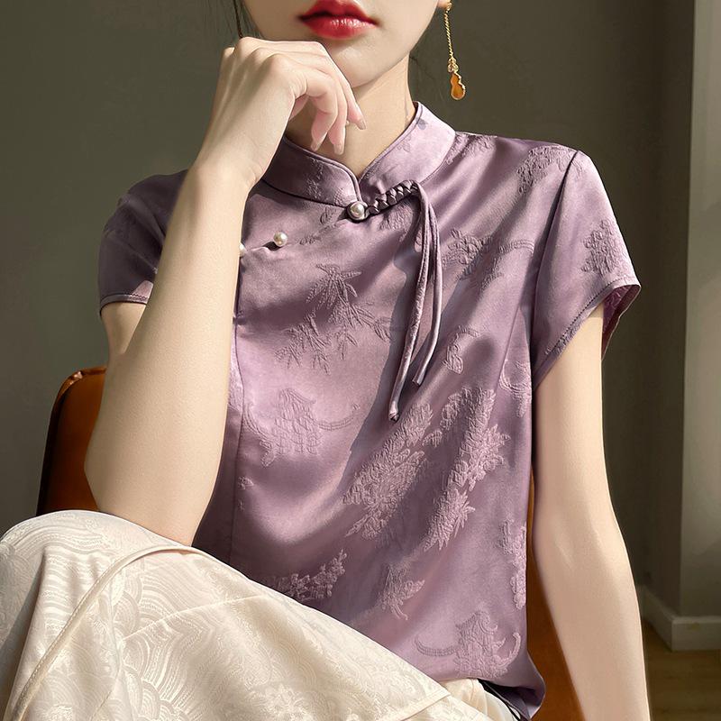 Women's 2025 Spring/Summer Chinese Faux Silk Jacquard Shirt - National Trend Tang Suit with Stand Collar and Diagonal Placket