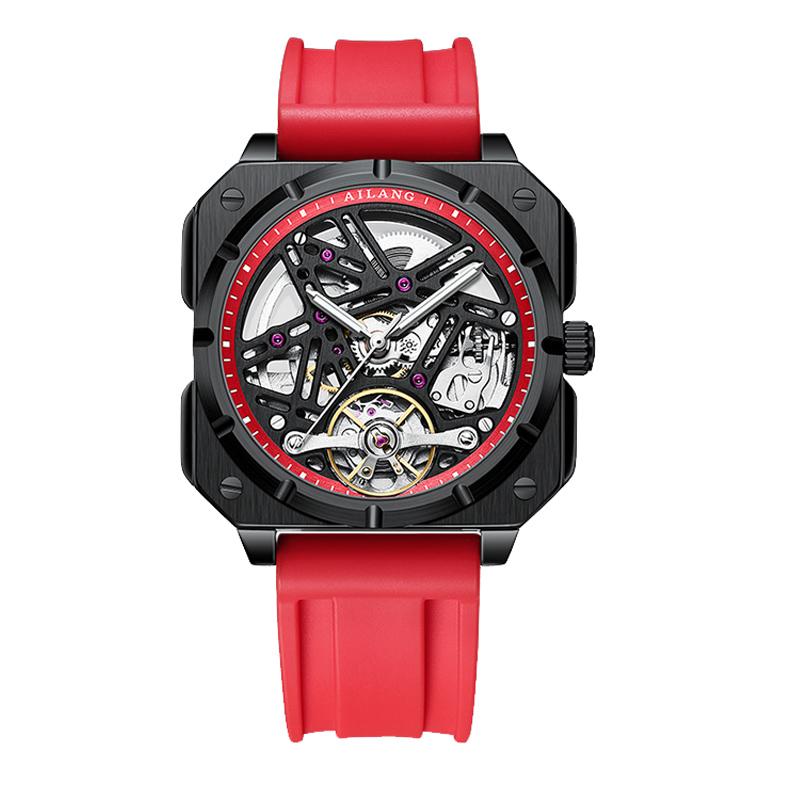 Square Dial Automatic Tourbillon Watch for Men Mechanical Skeleton Tourbillon Mens Watches Rubber Strap Top Brand Luxury