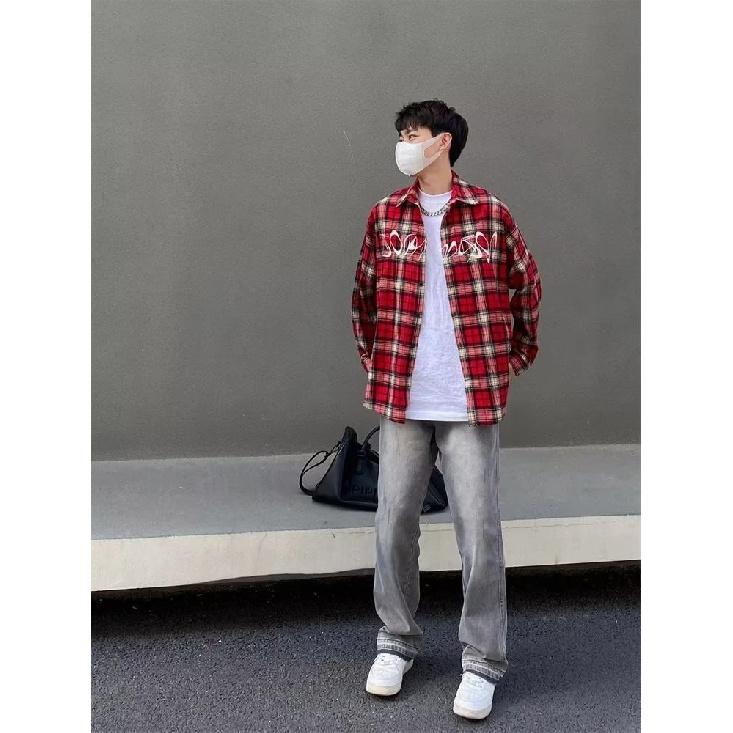 

HTTAOSUP красная клетчатая рубашка унисекс с длинным рукавом весна-осень американский стиль ретро вышитые буквы повседневная куртка 3XL красный