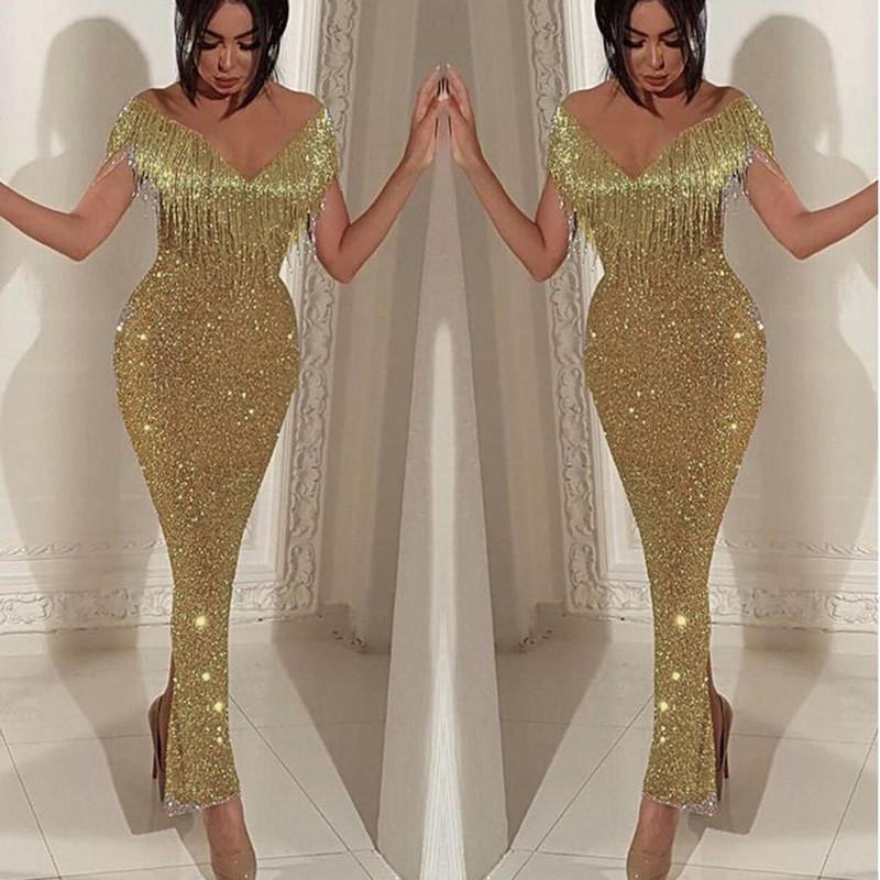

2025 Женский сексуальный комбинезон с бахромой из пайеток, платье, облегающее платье с V-образным вырезом и кисточками на бедрах, платье подружки невесты с длинной юбкой для вечерней клубной одежды M золотой